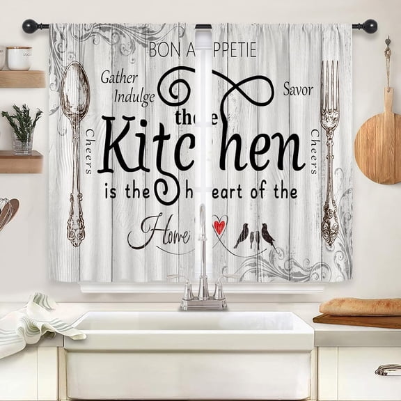 Farmhouse Kitchen Curtains Rustic Vintage Country Wooden Board Short Small Fork and Spoon Rod Pocket Farm Retro Wood Funny Printed Bedroom Living Room Treatment Fabric 2 Panels 26Wx36H Inch