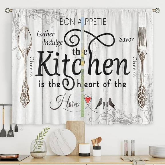 Farmhouse Kitchen Curtains Rustic Vintage Country Wooden Board Short Small Fork and Spoon Rod Pocket Farm Retro Wood Funny Printed Bedroom Living Room Treatment Fabric 2 Panels 26Wx36H Inch