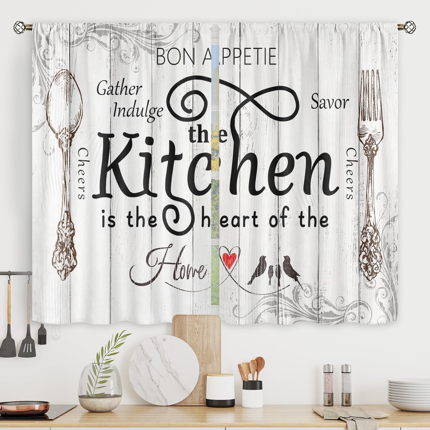 Farmhouse Kitchen Curtains Rustic Vintage Country Wooden Board Short Small Fork and Spoon Rod Pocket Farm Retro Wood Funny Printed Bedroom Living Room Treatment Fabric 2 Panels 26Wx36H Inch
