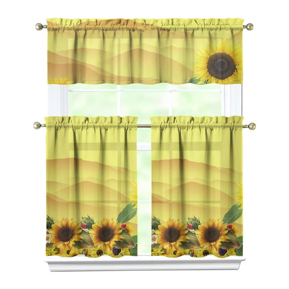 Farmhouse Kitchen Curtains Set of 3 - Sunflower and Wildflowers Design, Rod Pocket Window Treatments