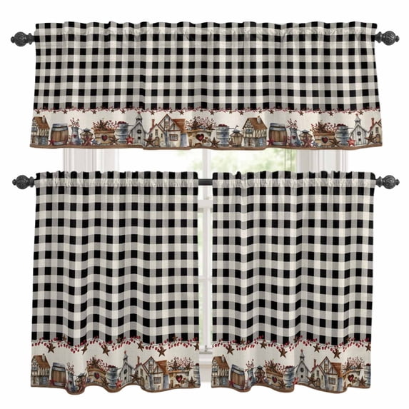 Farmhouse Kitchen Curtains Sets for Windows 24 Inch Length, American Country Star Barn Black Plaid Berry Rod Pocket Window Treatments Tier Curtains and Valances Set for Bedroom/Bathroom