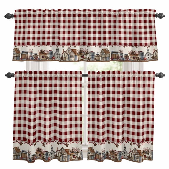 Farmhouse Kitchen Curtains Sets for Windows 36 Inch Length, American Country Star Barn Red Brown Plaid Berry Rod Pocket Window Treatments Tier Curtains and Valances Set for Bedroom/Bathroom