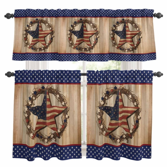 Farmhouse Kitchen Curtains Sets for Windows 36 Inch Length, Country Independence Day Stars And Stripes Rod Pocket Window Treatments Tier Curtains and Valances Set for Bedroom/Bathroom