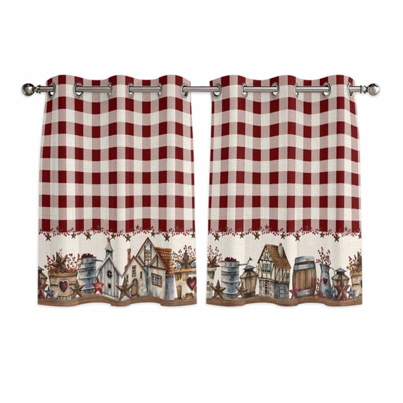 Farmhouse Kitchen Curtains Short 45 Inch Length, American Country Star Barn Red Brown Plaid Berry Grommet Top Bedroom Living Room Curtains, Light Filtering Cafe Curtain Drapes 2 Panels Set 84''x45''