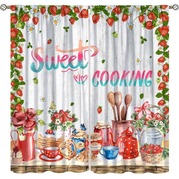 Farmhouse Kitchen Curtains Strawberry Jam Teapot Flower Basket Rustic Wood Background Rod Pocket Window Drapes for Dining Room Pantry 42x84in,2 Panel Set