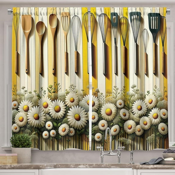 Farmhouse Kitchen Curtains, Summer Modern Cottagecore Daisy Floral with Spuds and Lines Print, Window Drapes 2 Panel Set for Kitchen Cafe Decor, 55" x 24", Yellow Reseda Green and Beige