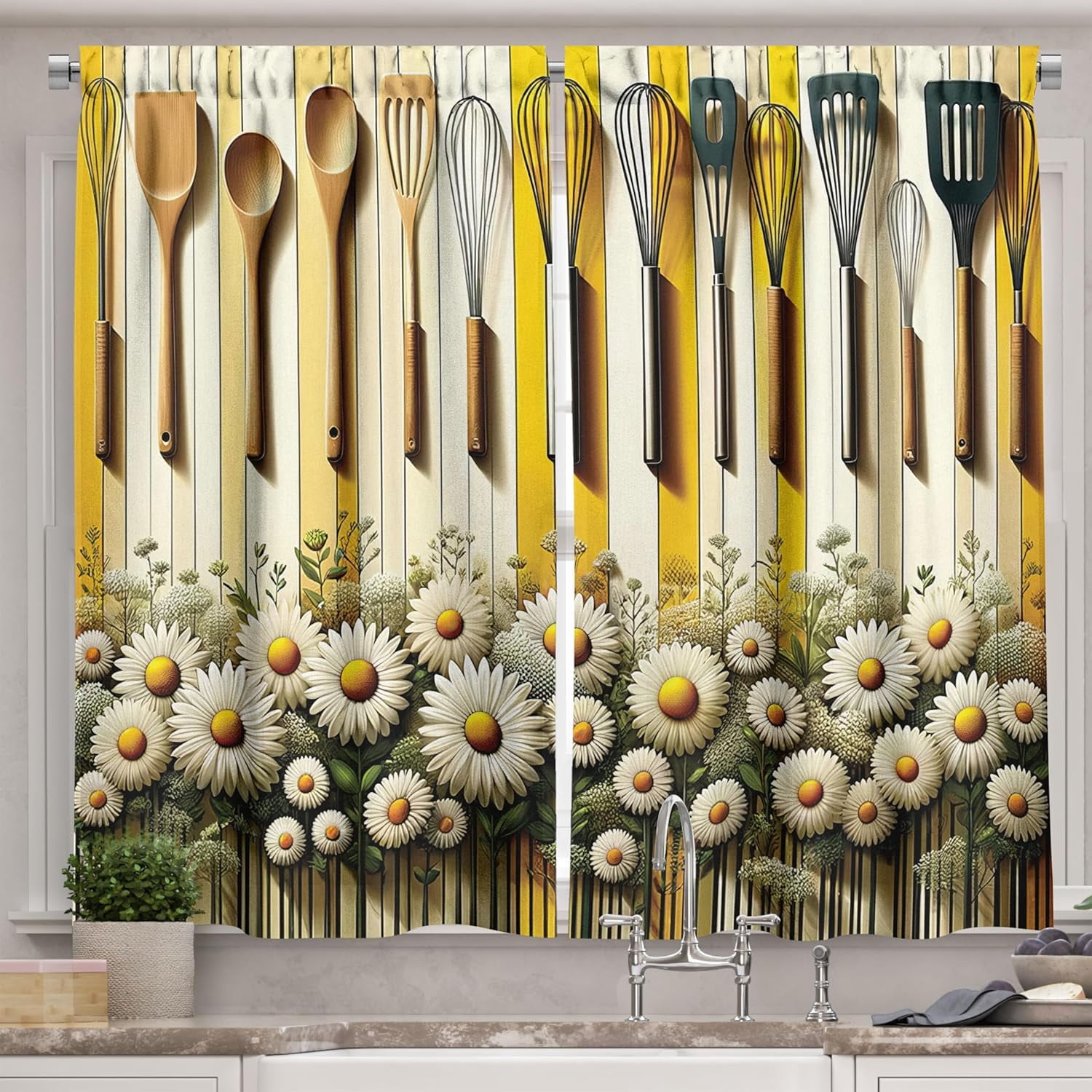 Farmhouse Kitchen Curtains, Summer Modern Cottagecore Daisy Floral with ...