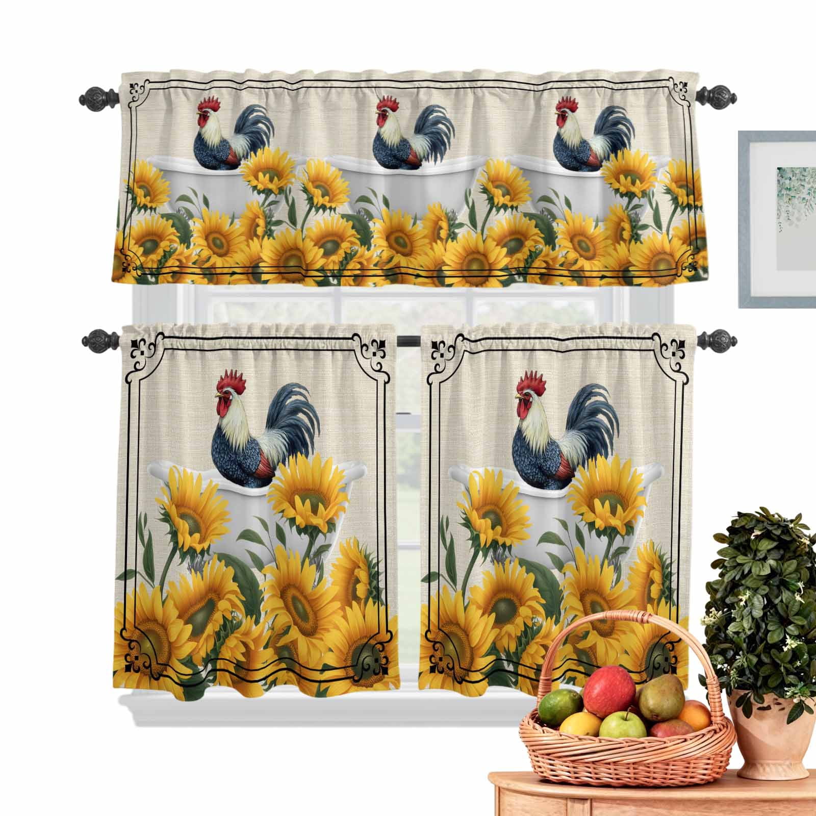 Farmhouse Kitchen Curtains Valances 3 Piece Set, Chicken in Bathtub Sunflowers Retro Border Linen Rod Pocket Tier Curtain and Valance Drapes for Small Window 24 Inch Length for Bedroom Cafe