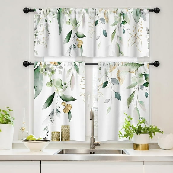 Farmhouse Kitchen Curtains and Valances 3 Piece Set, Spring Sage Green Eucalyptus Leaf Floral 36 Inch Length Window Treatment Tiers for Living Room Bedroom Bathroom