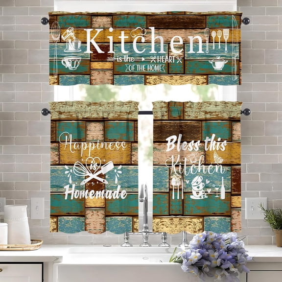 Farmhouse Kitchen Curtains and Valances Set - Vintage Rustic Farmhouse 3 Piece Kitchen Curtains 36 Inch Length Sets with Valance for Windows Rod Pocket Kitchen Decor Decorations
