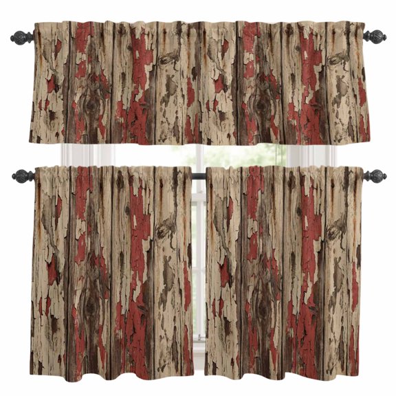 Farmhouse Kitchen Curtains Valances and Tiers Set of 3 Country Rustic Shabby Chic Retro Wooden Texture Tier Curtains and Valance with Rod Pocket for Small Windows, 27.5"x24"