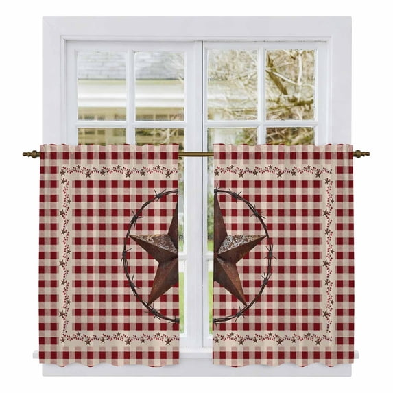 Farmhouse Kitchen Curtains, Vintage Star Retro Rustic Checked Grid Lodge Light Filtering Window Curtain Panels, 2Pcs Rod Pocket Window Treatments Set for RV Dining Room Study Room 42x54 Inches