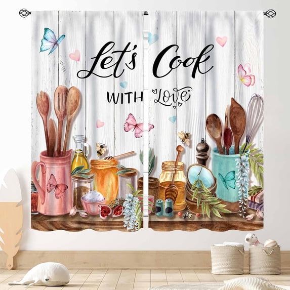 Farmhouse Kitchen Curtians, Rustic Country Fork and Spoon Cook Theme Rustic Vintage Cottage Blackout Cafe Living Room Bedroom Window Curtains Drapes Treatments 2 Panel Sets, 42"x54" Inch