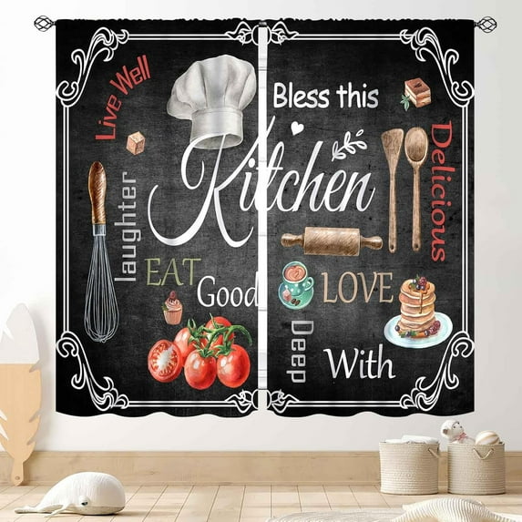 Farmhouse Kitchen Curtians, Rustic Country Fork and Spoon Cook Theme Rustic Vintage Cottage Cafe Living Room Bedroom Window Curtains Drapes Treatments 2 Panel Sets, 84"x84" Inch