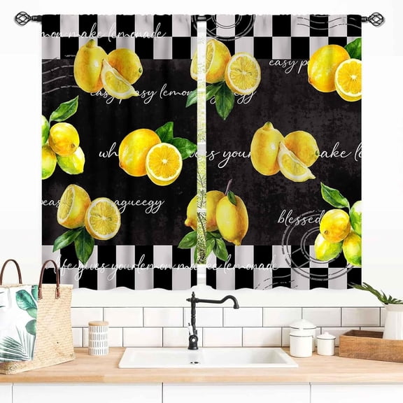 Lemonade Kitchen Curtains 2 Panels, Black White Checkered Lemon Slice Window Drapes, Modern Farmhouse Lemon Decor for Kitchen Bathroom, 28"W x 40"L