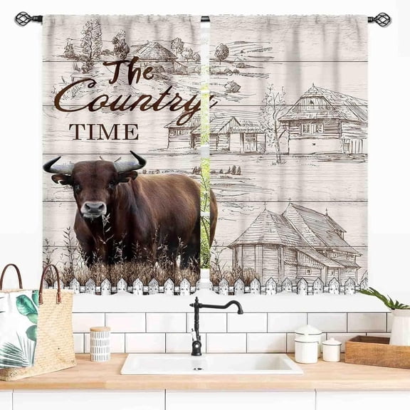 2 Panels Farmhouse Bull Curtains, Vintage Sketch Countryside and Bull Print Window Curtains, Rod Pocket Light Filtering Drapes for Living Room Bedroom Farm Decor