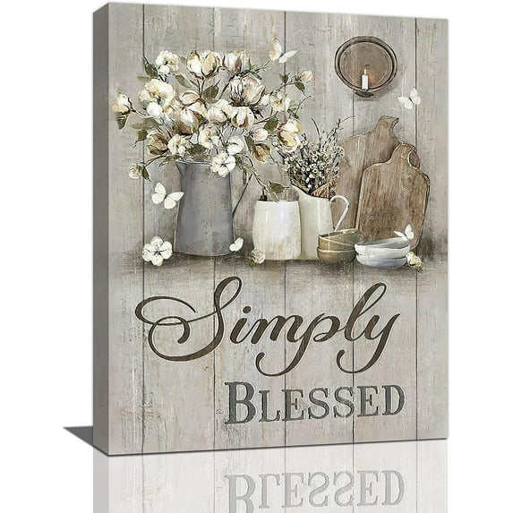 Farmhouse Kitchen Decor Wall Art Rustic Cotton Simply Blessed Christian Religion Pictures Wall Decor Canvas Painting Prints Artwork Home Decorations Framed for Kitchen Bedroom 12"x16"