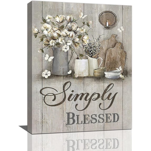 Farmhouse Kitchen Decor Wall Art Rustic Cotton Simply Blessed Christian Religion Pictures Wall Decor Canvas Painting Prints Artwork Home Decorations Framed for Kitchen Bedroom 12"x16"