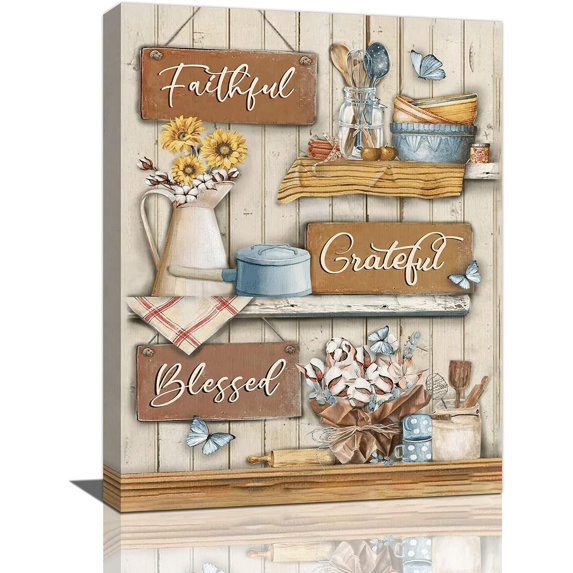 Farmhouse Kitchen Decor Wall Art Rustic Kitchen Sunflower Cotton Butterfly Pictures For Wall Country Kitchen Sign Canvas Print Modern Artwork For Kitchen Dinning Room Framed 12"x16"