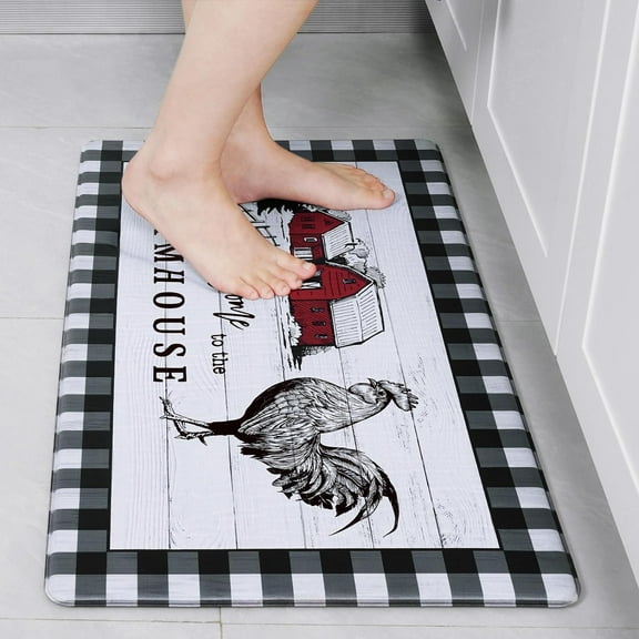 Farmhouse Kitchen Floor Mat Cushioned Anti Fatigue, Non Slip Padded Mats for Floor Chicken Kitchen Rug, Rooster Comfort Standing Mat Waterproof Buffalo Plaid Doormat Gel Mat for Desk, 18" x 30"