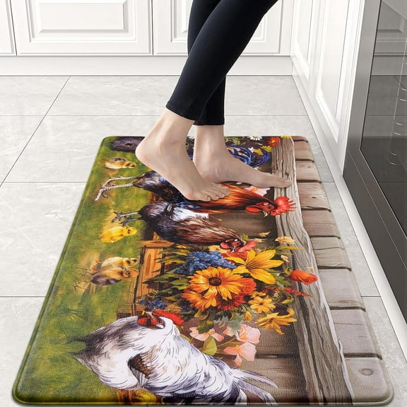 Farmhouse Kitchen Floor Mat Cushioned, Farm Rooster Padded Mats for Floor Non Slip Kitchen Rug Anti Fatigue Mat, Vintage Comfort Standing Mat Waterproof Doormat Gel Mat for Desk, 18" x 30"
