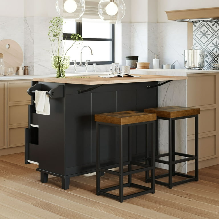Farmhouse Kitchen Island with 2 Stools and Drop Leaf 3 Piece Dining Table Set with Storage Cabinet Drawers and Towel Rack Foldable Kitchen Island