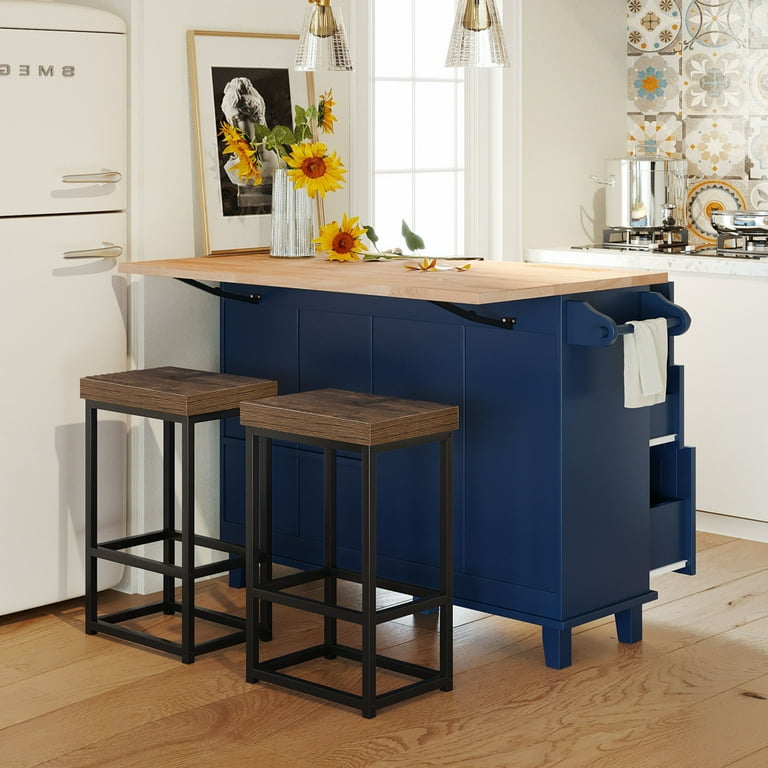 Farmhouse Kitchen Island with 2 Stools and Drop Leaf 3 Piece Dining Table Set with Storage Cabinet Drawers and Towel Rack Foldable Kitchen Island Table with Seating Blue Walmart