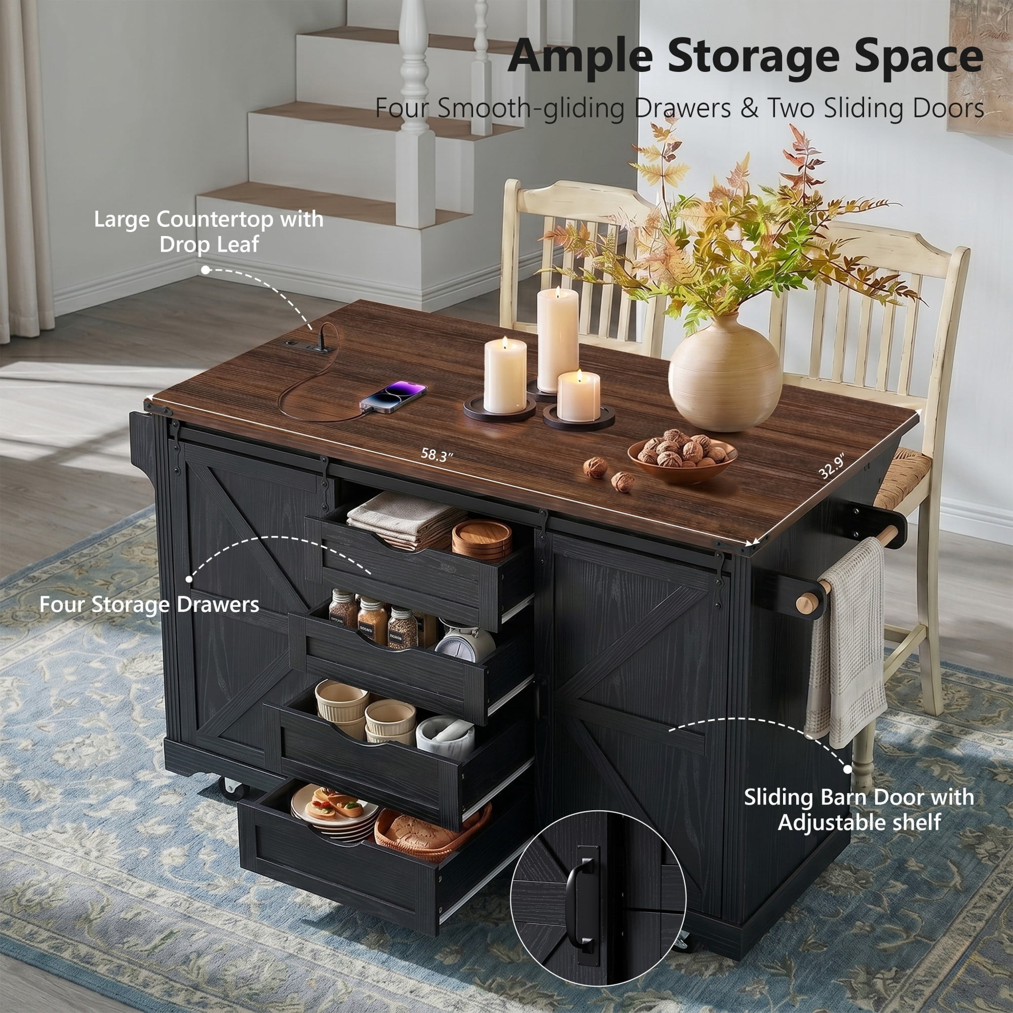 Farmhouse Kitchen Island 72 Inch, Rolling Storage Cart with Power Outlet and Drop Leaf, Coffee Bar Cabinet with Drawers and Barn Door, Black