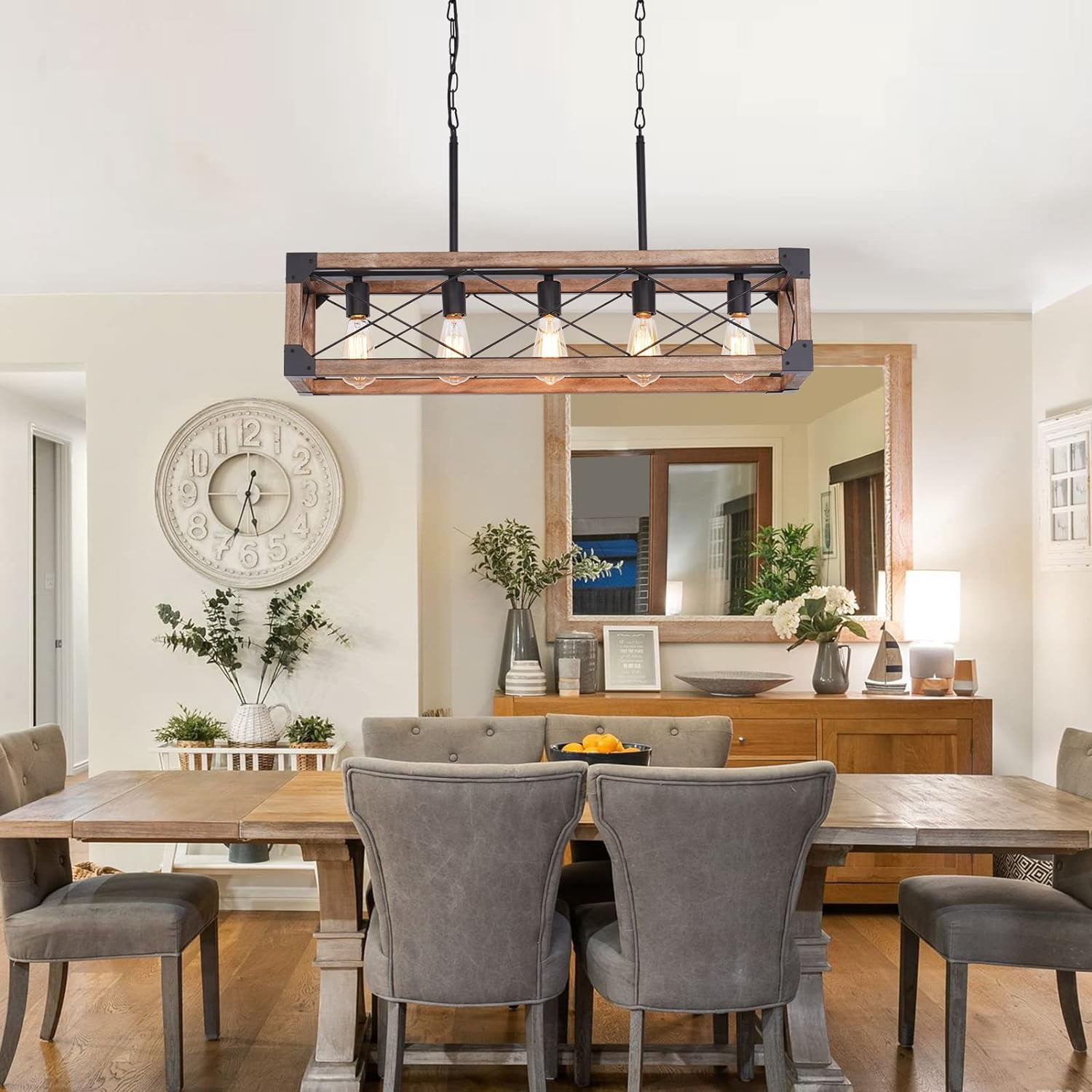 LALUZ 5-Light Farmhouse Linear Chandelier - 35.5" Faux Wood Kitchen Island Lighting