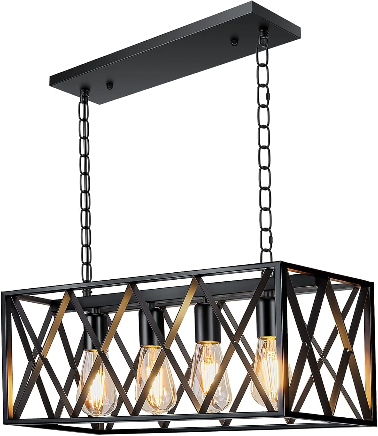 Farmhouse Kitchen Island Lighting Pendant Light Fixture Chandelier 4-Light Rectangular Pendant Lighting for Dining Room Bar Foyer(Height Adjustable)