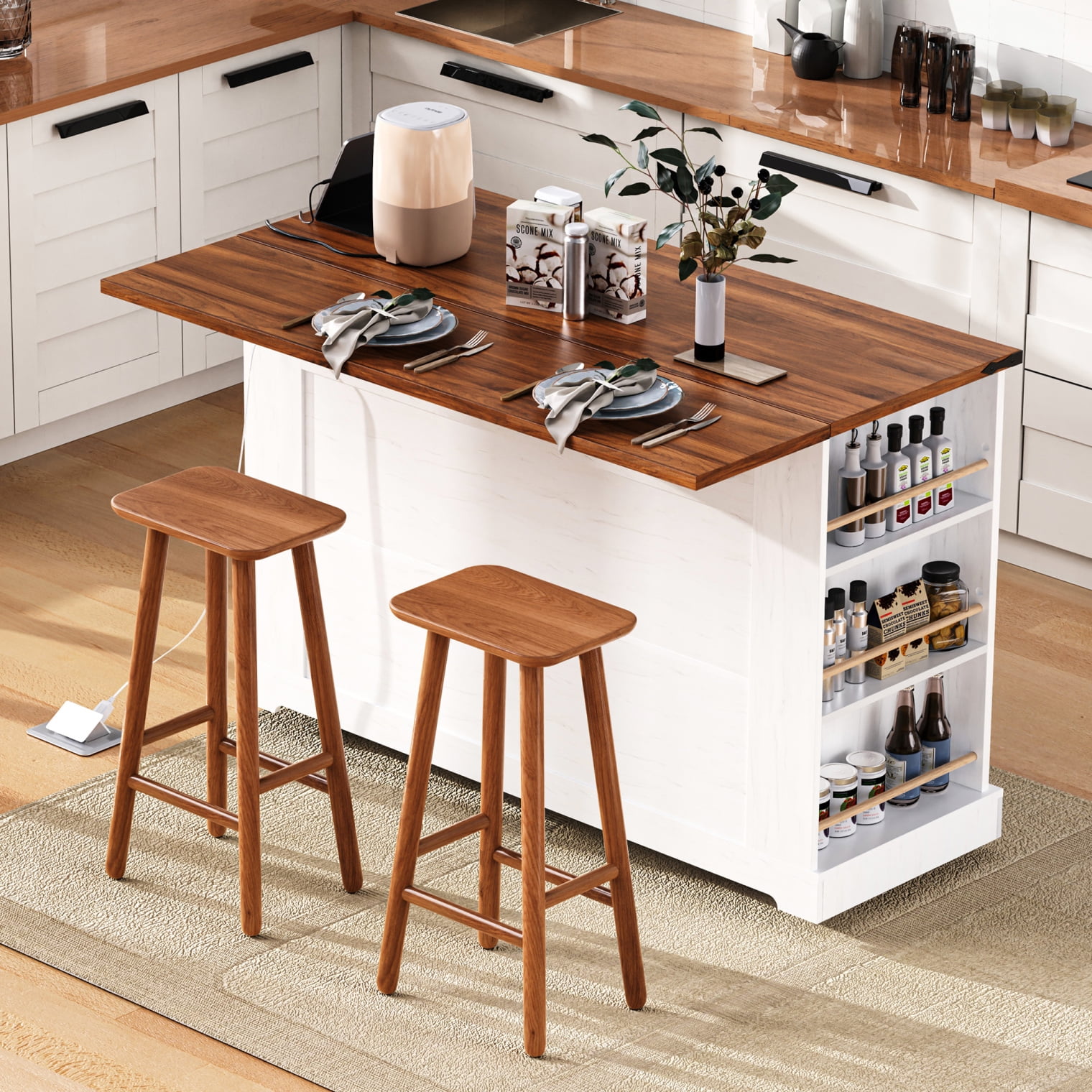 Image showcasing Farmhouse Kitchen Island with Tempered Glass Cabinet Doors and Power ...