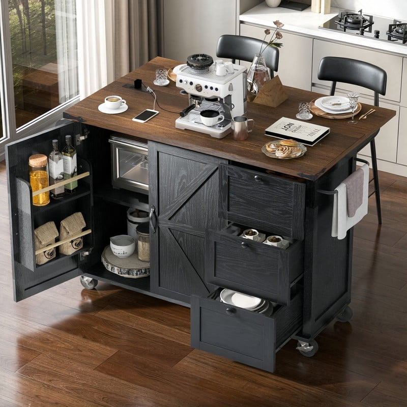 Farmhouse Kitchen Island with Barn Door & Adjustable Shelf, Kitchen Storage Cart with Drop Leaf, Spice Rack & Power Outlet
