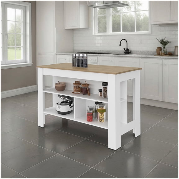 Farmhouse Kitchen Island with Open Shelving, White and Oak Finish Kitchen Cart, Extra Counter Space and Storage Organizer