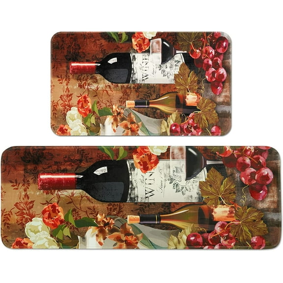Farmhouse Kitchen Mat Set of 2 Anti Fatigue, Cushioned Wine Kitchen Rugs and Mats Non Skid Washable Absorbent, Rustic Kitchen Rug Comfort Mat Set for Kitchen Home, 17'''' x 47'''' + 17'''' x 30''''