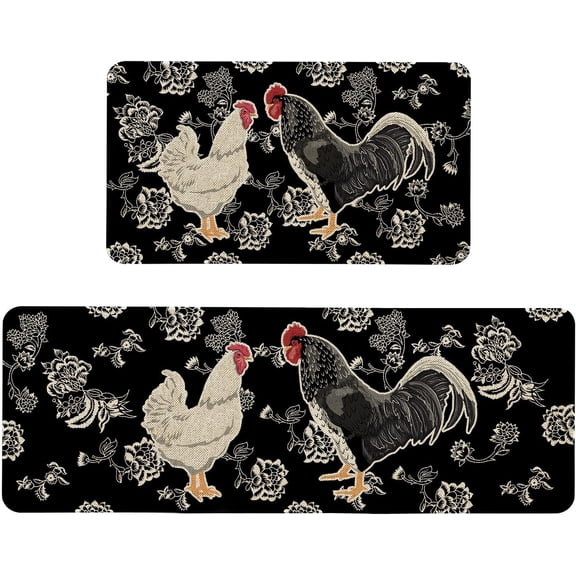 Farmhouse Kitchen Mat Set of 2 Non Slip Farmhouse Rooster Kitchen Rugs for Floor Rustic Low-Profile Washable Home Decor Kitchen Mats 17x47 Inch and 17x29 Inch