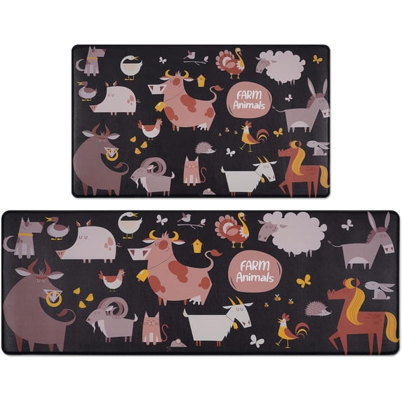 Farmhouse Kitchen Mats for Floor 2 Piece, Black Kitchen Rugs Set, Animals Cushioned Anti Fatigue Mats for Kitchen Floor Mat, Vinyl Cartoon Kitchen Rug and Mats Non Skid Waterproof