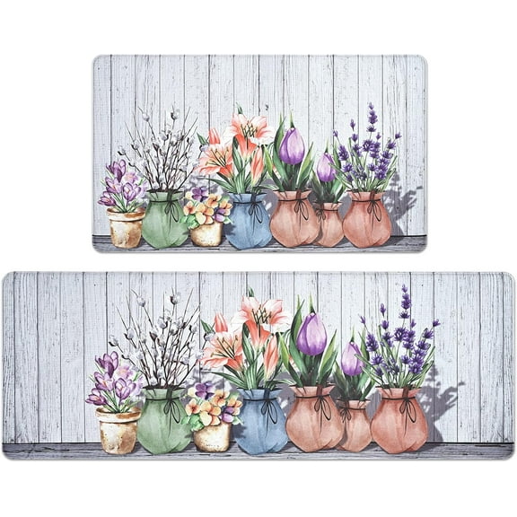 Farmhouse Kitchen Mats for Floor 2 Piece, Spring Watercolor Floral Kitchen Rugs Set, Cushioned Anti Fatigue Mats for Kitchen Floor Mat, Kitchen Rug and Mats Non Skid Waterproof