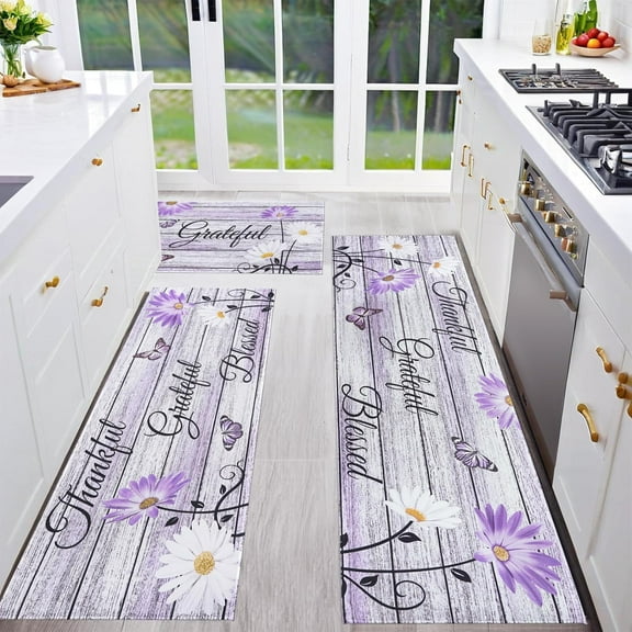 Farmhouse Kitchen Mats for Floor 3 Piece, Purple Kitchen Rugs and Mats Non Skid Washable for Kitchen Sink Floor, Floral Purple Kitchen Accessories and Decor Kitchen Mat, 17"x30"+17"x47"+17"x59"