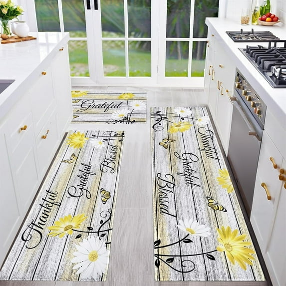 Farmhouse Kitchen Mats for Floor 3 Piece, Yellow Kitchen Rugs and Mats Non Skid Washable for Kitchen Sink Floor, Floral Yellow Kitchen Accessories and Decor Kitchen Mat, 17"x30"+17"x47"+17"x59"