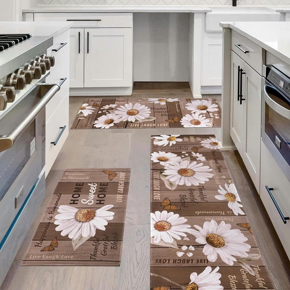 Farmhouse Kitchen Mats for Floor Set of 3 Piece with Runner, Rustic Brown Beige Kitchen Floor Mat Rug Carpet Daisy Kitchen Decor and Accessories Stuff for Home, Daisy Brown