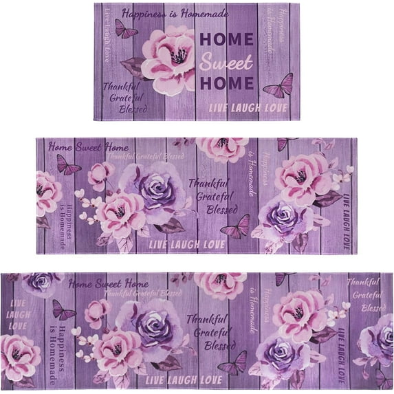 Farmhouse Kitchen Mats for Floor Set of 3 Piece with Runner, Rustic Purple Lavender Kitchen Floor Mat Rug Carpet Rose Kitchen Decor and Accessories Stuff for Home, Floral Purple