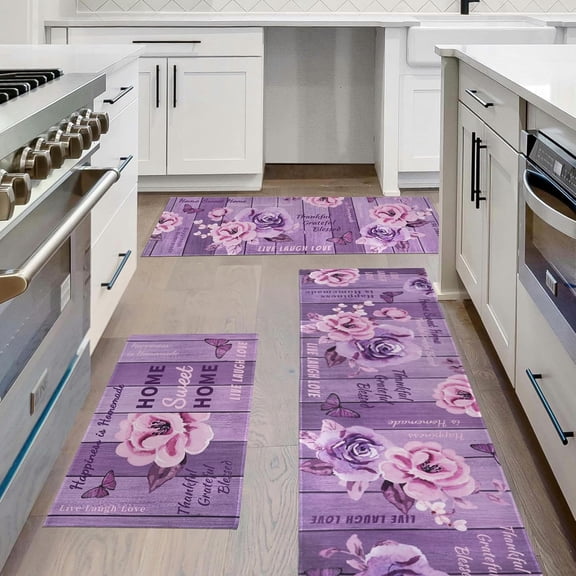 Farmhouse Kitchen Mats for Floor Set of 3 Piece with Runner, Rustic Purple Lavender Kitchen Floor Mat Rug Carpet Rose Kitchen Decor and Accessories Stuff for Home, Floral Purple