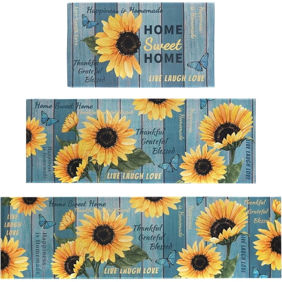 Farmhouse Kitchen Mats for Floor Set of 3 Piece with Runner, Rustic Teal Turquoise Kitchen Floor Mat Rug Carpet Yellow Sunflower Kitchen Decor and Accessories Stuff for Home, Sunflower Teal