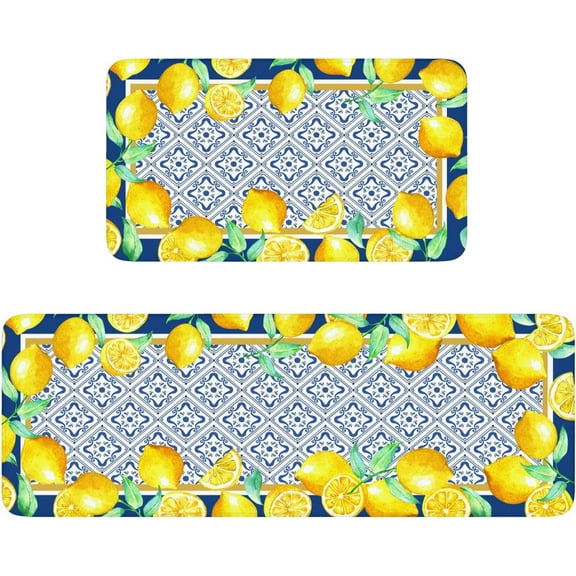 Farmhouse Kitchen Mats Set of 2 Non-Slip Lemon Boho Kitchen Rugs Seasonal Home Decor Low Profile Washable Floor Mat 17x47 Inch and 17x29 Inch