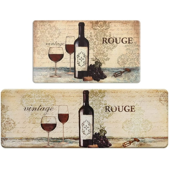 Farmhouse Kitchen Mats Sets 2 Piece Cushioned Anti-Fatigue Comfort Mat for Home & Office Ergonomically Engineered Memory Foam Kitchen Rug Waterproof Non-Skid, 30" by 17" + 47" by 17",Wine