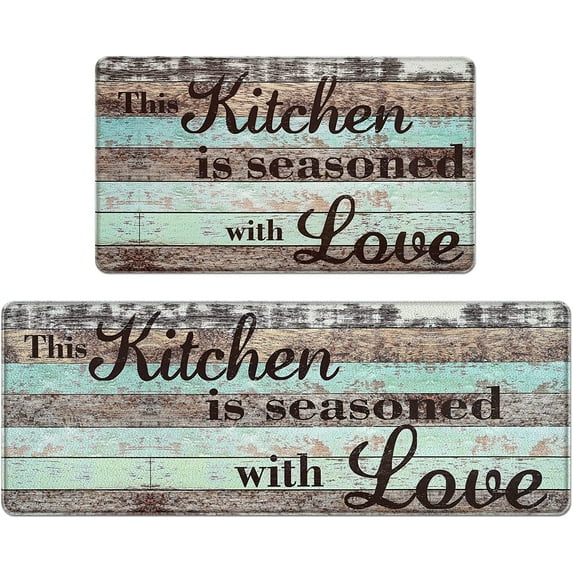 Farmhouse Kitchen Mats Sets 2 Piece Memory Foam Kitchen Rug Waterproof,Rustic Wooden Kitchen Rugs and Mats for Home & Office,Non Slip Cushioned Anti-Fatigue Comfort Mat,17"x 47"+ 17"x 30"