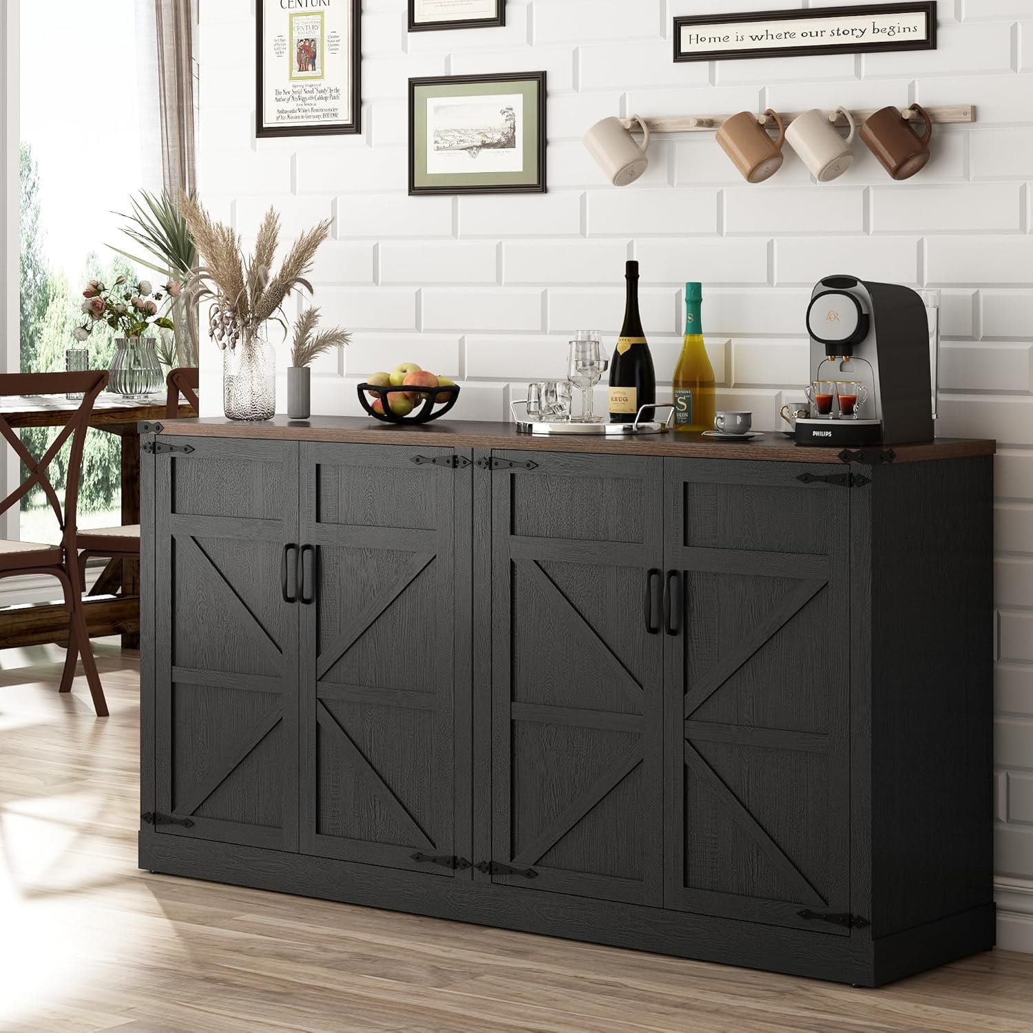 Farmhouse Kitchen Pantries Sideboard Cabinets with Adjustable Shelves, Wooden Coffee Bar Cabinet ...