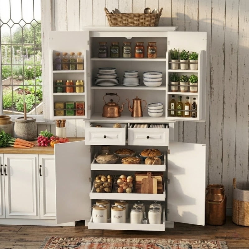 Farmhouse Kitchen Pantry Cabinet with 3 Pull Out Cabinet Organizers, Tall Kitchen Storage Cabinet with 2 Drawers, Freestanding Kitchen Cupboard with 6 Door Shelves