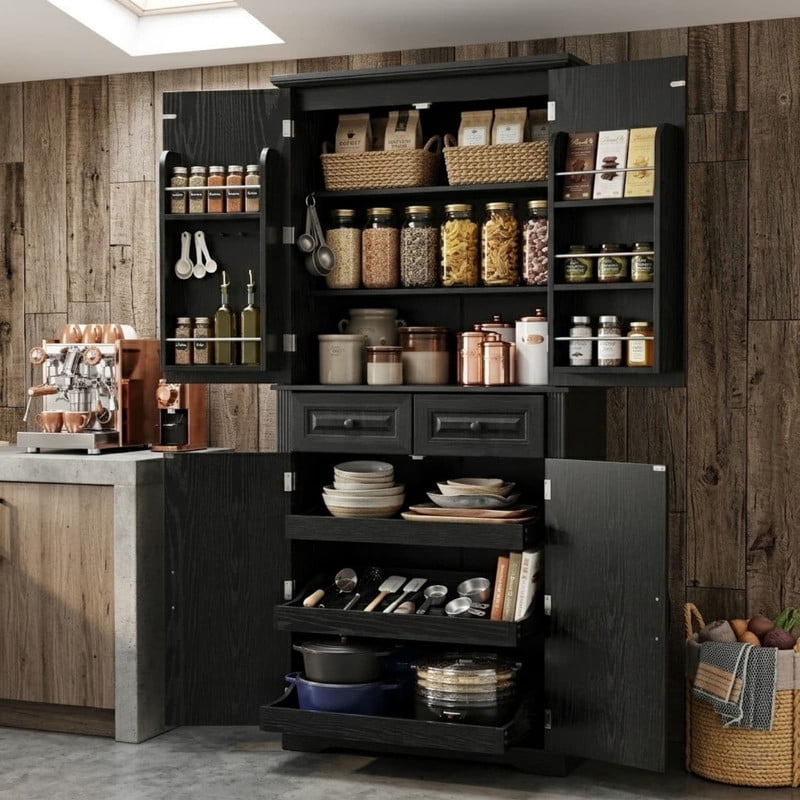 Farmhouse Kitchen Pantry Cabinet with 3 Pull Out Cabinet Organizers, Tall Kitchen Storage Cabinet with 2 Drawers, Freestanding Kitchen Cupboard with 6 Door Shelves