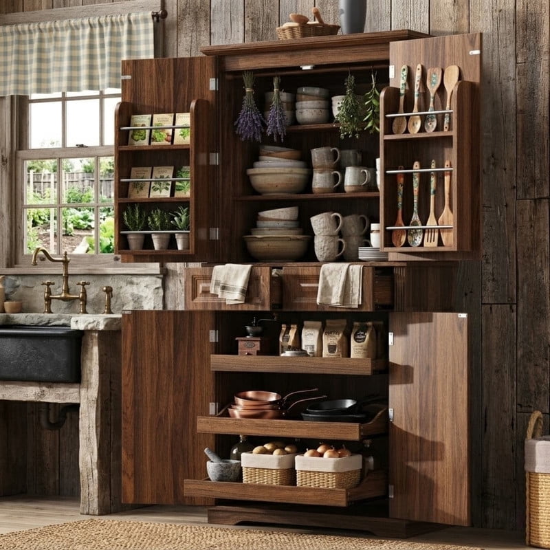 Farmhouse Kitchen Pantry Cabinet with 3 Pull Out Cabinet Organizers, Tall Kitchen Storage Cabinet with 2 Drawers, Freestanding Kitchen Cupboard with 6 Door Shelves